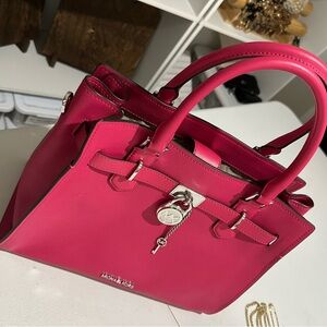 Michael Kors Hamilton Medium Leather Satchel Electric Pink NWT